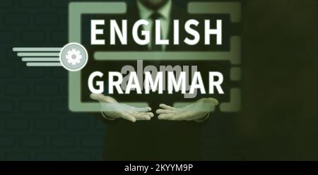 Inspiration mit Zeichen für englische Grammatik. Die Kurse zur Konzeptbedeutung decken alle Ebenen der englischen Sprache und des Schreibens ab Stockfoto