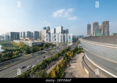 Die Skyline von Chengdu South an einem sonnigen Tag aus der Vogelperspektive Stockfoto