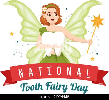 National Tooth Fey Day mit Little Girl, um Kindern bei Zahnbehandlungen zu helfen Fit as a Poster in Flat Cartoon Hand Drawn Template Illustration Stock Vektor