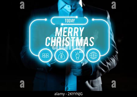 Textbeschriftung mit Frohe Weihnachten. Jahrestradition der Geschäftsidee zur Feier der Geburt Jesu Christi Stockfoto