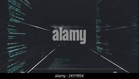 QR-Code-Scanner mit Neonelementen gegen Datenverarbeitung Stockfoto