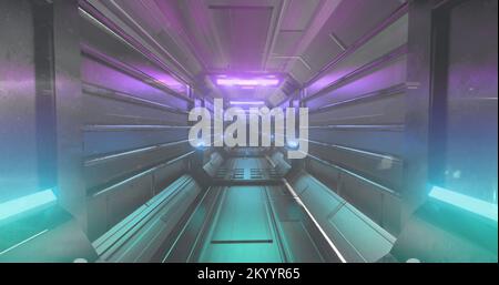 QR-Code-Scanner mit Neonelementen gegen glühenden Tunnel Stockfoto