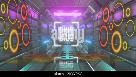 QR-Code-Scanner mit Neonelementen gegen glühenden Tunnel Stockfoto