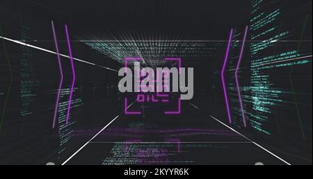 QR-Code-Scanner mit Neonelementen gegen Datenverarbeitung Stockfoto