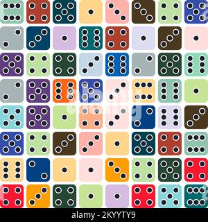 Spielwürfel. Nahtloses Muster flacher Pokerwürfel mit schwarzen Farbpunkten. Ein Spielobjekt im Kasino, Würfel von 1 bis 6 Punkten mit ra Stock Vektor