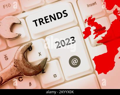 Textbeschriftung zur Darstellung von Trends 2023. Geschäftsidee im kommenden Jahr die vorherrschende Tendenz wird online ausführlich diskutiert Stockfoto