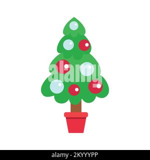 Klassischer Weihnachtsbaum mit Weihnachtsdekorationen - Ornamente, Sterne, Girlanden, Schneeflocken, Lampen. Isoliert. Frohe Weihnachten und Frohes neues Jahr. Stock Vektor