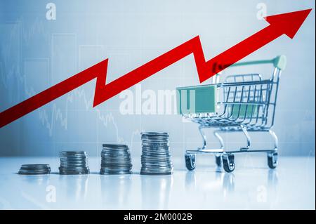 Inflation und Wirtschaftskrise. Roter Pfeil auf der Karte, Warenkorb. Hohe Inflationsrate. Warenkorb mit rotem Pfeil. Warenkorb Trolley mit rotem Inf Stockfoto