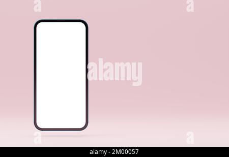 Realistische Vorlage eines Smartphone-Rahmens und leeres weißes Display zur Präsentation. Mobiltelefonkonzept, moderne Technologie, hochwertige 3D-Abbildung Stockfoto