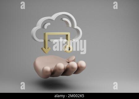 Wunderschöne abstrakte Illustrationen Goldenes Hand Holding Cloud Database Symbol auf grauem Hintergrund. 3D-Rendering-Abbildung. Hintergrundmuster für Stockfoto