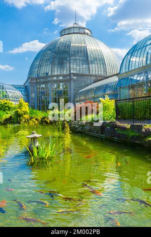 Das Anna Scripps Whitcomb Conservatory, auch bekannt als Belle Isle Conservatory, und der Seerosenteich auf der Belle Isle in Detroit, Michigan, USA. Stockfoto