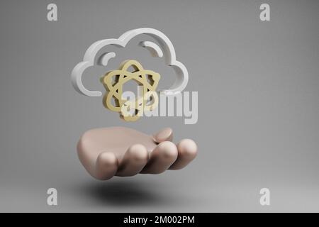 Wunderschöne abstrakte Illustrationen Symbol für den Golden Hand Holding Cloud Quantum Server auf grauem Hintergrund. 3D-Rendering-Abbildung. Hintergrundfarbe Stockfoto