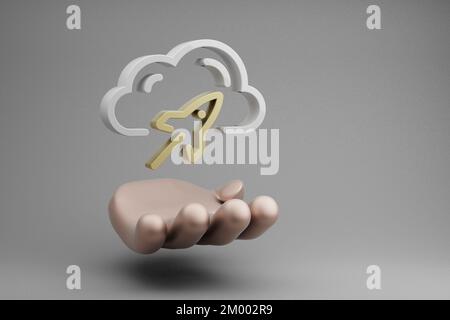 Wunderschöne abstrakte Illustrationen Goldene Hand Holding Cloud Server Speed Rocket Symbol Symbol auf grauem Hintergrund. 3D-Rendering-Abbildung. Hintergrund Stockfoto