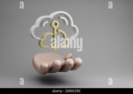 Wunderschöne abstrakte Illustrationen Symbol für Golden Hand Holding Cloud Database Downgrade auf grauem Hintergrund. 3D-Rendering-Abbildung. Hintergrund Stockfoto