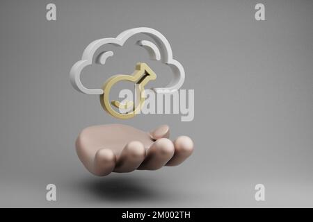 Wunderschöne abstrakte Illustrationen Symbol für die Golden Hand Holding Cloud Server Technology auf grauem Hintergrund. 3D-Rendering-Abbildung. Hintergrund p Stockfoto