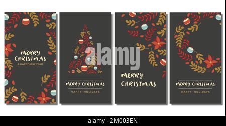 vektorset dunkler vertikaler Banner Merry christmas und Silvester Stories handgemalt Stock Vektor