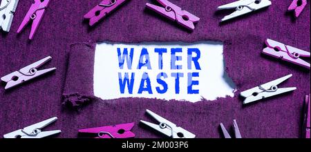 Handgeschriebener Text Wasserverschwendung. Wort auf Flüssigkeit geschrieben, die als Teil eines industriellen Prozesses verwendet wurde Stockfoto