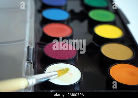 Farbpinsel auf weiß in Farbpalette. Stockfoto