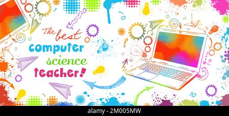 Technologiekonzept. Webbanner wird programmiert. Der beste Lehrer der Computerwissenschaften. Tassendesign. Vektordarstellung Stock Vektor