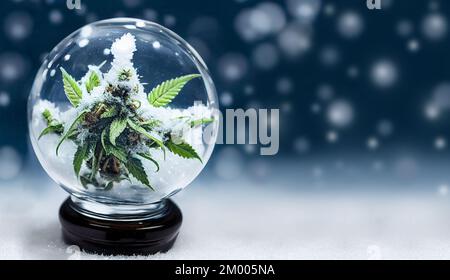 Weihnachtliches Cannabisbanner. Hintergrund der Vorlage „Weihnachten und Neujahr“ mit Marihuanapflanze im Schnee. Cannabis-Knospen in einer Schneekugel aus Glas mit Schneeflocken und Stockfoto