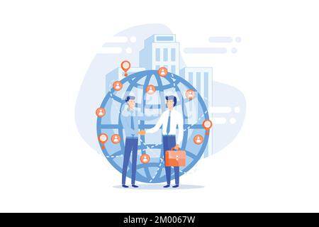 Erfolgreiche Partnerschaftsverhandlungen, Partner-Handschlag. Internationales Geschäft, globale geschäftliche Zusammenarbeit, Konzept für internationale Teamarbeit. Flach Stock Vektor