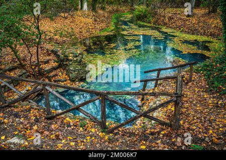 Das türkisfarbene schwefelhaltige Wasser steht im Kontrast zu den gelben und roten Blättern, die im Herbst von den Bäumen gefallen sind. Raiano, Provinz L'Aquila, Abruzzen, Stockfoto