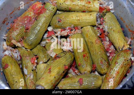 Gefüllte Kürbis, Zucchini, Mark, Mahshi oder Zucchini gefüllt mit weißem Reis, Zwiebeln, Petersilie, Dill und Koriander, selektiver Schwerpunkt der arabischen Ägypter Stockfoto