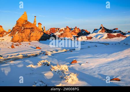Bisti Badlands, Monolith und Felssäule aus Ton und Sandstein, im Winter, Bisti Wilderness, New Mexico, USA, Nordamerika Stockfoto