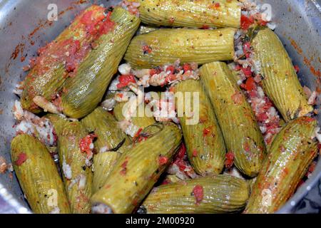 Gefüllte Kürbis, Zucchini, Mark, Mahshi oder Zucchini gefüllt mit weißem Reis, Zwiebeln, Petersilie, Dill und Koriander, selektiver Schwerpunkt der arabischen Ägypter Stockfoto