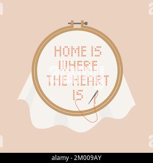 Kreuznähte mit Stickereifen. Zuhause ist, wo das Herz ist. Stock Vektor