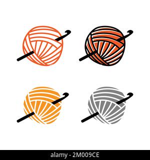 Häkelsymbol. Häkelhaken mit Logo-Set mit Wollknäuel. Stock Vektor