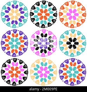 Granny Circle, nahtloses Häkelmuster. Farbenfrohe runde Motive auf dem Hintergrund. Stock Vektor
