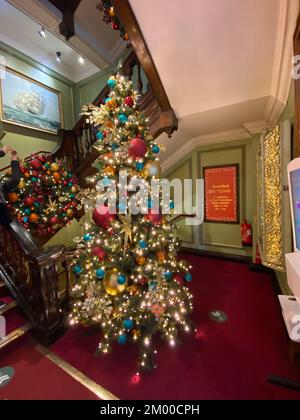 Es sieht langsam wie Weihnachten in London aus. Alle großen Einzelhändler haben Weihnachtsbäume und Schmuck ausgestellt und zum Verkauf. Fortnum & Mason und Harrods haben dort traditionelle Ausstellungen, die riesige Menschenmassen anziehen, um einkaufen zu gehen und Selfies an den Bäumen zu machen. Stockfoto