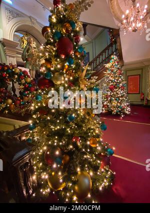 Es sieht langsam wie Weihnachten in London aus. Alle großen Einzelhändler haben Weihnachtsbäume und Schmuck ausgestellt und zum Verkauf. Fortnum & Mason und Harrods haben dort traditionelle Ausstellungen, die riesige Menschenmassen anziehen, um einkaufen zu gehen und Selfies an den Bäumen zu machen. Stockfoto