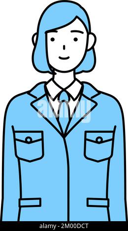 Einfache Strichzeichnung einer Frau in Arbeitskleidung mit gefalteten Händen vor dem Körper. Stock Vektor