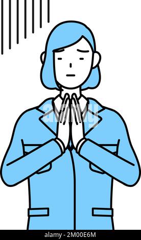 Eine einfache Strichzeichnung zeigt eine Frau in Arbeitskleidung, die sich mit den Händen vor seinem Körper entschuldigt. Stock Vektor