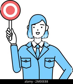 Einfache Strichzeichnung einer Frau in Arbeitskleidung mit gefalteten Händen vor dem Körper. Stock Vektor