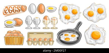 Vektoreier-Set, horizontales Banner mit Lotsammlung von ausgeschnittenen Illustrationen öffnete gerissene Eier in einem Becher, verschiedene isolierte Draufsicht gebratenes Hähnchen, z. B. Stock Vektor