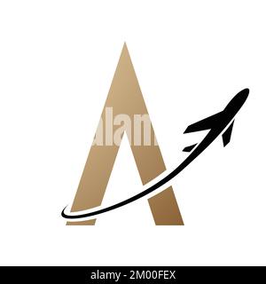 Abbildung eines schwarzen Flugzeugs über einem beigen Buchstaben A isoliert auf weißem Hintergrund Stock Vektor