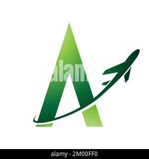 Abbildung eines Flugzeugs in Grün, das um den Buchstaben A herum fliegt, isoliert auf weißem Hintergrund Stock Vektor