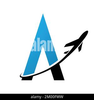Abbildung: Schwarzer und blauer Buchstabe A mit einem auf weißem Hintergrund isolierten Flugzeug Stock Vektor