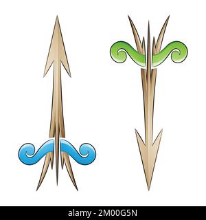 Abbildung: Gerissener Pfeil und Bogen in beige-grünen und blauen Farben, isoliert auf weißem Hintergrund Stock Vektor