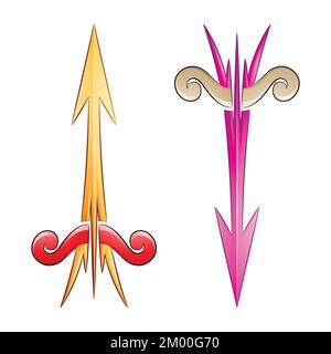 Abbildung: Gerissener Pfeil und Bogen in gelbrot und magenta, isoliert auf weißem Hintergrund Stock Vektor