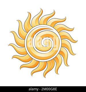 Abbildung: Symbol für gewölbte gelbe geprägte Spiralsonne mit schwarzen Umrissen auf weißem Hintergrund Stock Vektor