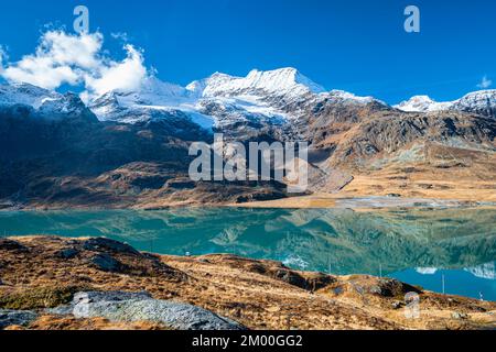 Türkisfarbener See „Lago Bianco“ mit schneebedeckten Bergen der Bernina Range im Hintergrund. Stockfoto