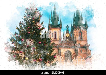 Aquarelle Darstellung von weihnachtsbaum und Kirche. Weihnachten in Prag. Urlaub in Europa Stockfoto