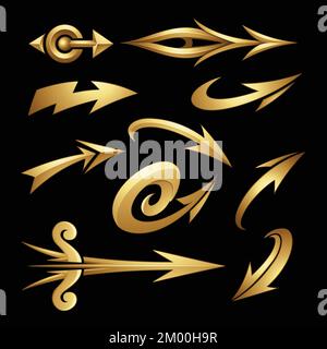 Abbildung: Verschiedene geformte goldene Pfeile, isoliert auf schwarzem Hintergrund Stock Vektor