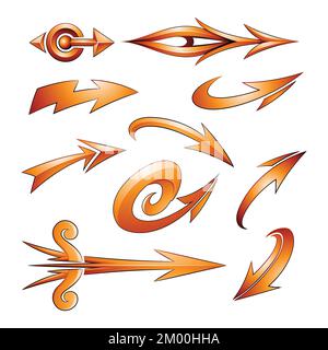 Abbildung: Verschiedene geformte orangefarbene Pfeile, isoliert auf weißem Hintergrund Stock Vektor