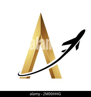 Abbildung eines schwarzen Flugzeugs, das um einen goldenen, geprägten Buchstaben A isoliert auf weißem Hintergrund fliegt Stock Vektor