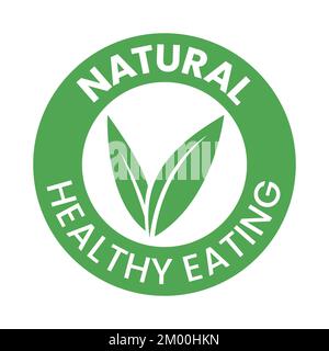 Natürliche gesunde Ernährung rundes Symbol mit grünen Blättern isoliert auf weißem Hintergrund Stock Vektor